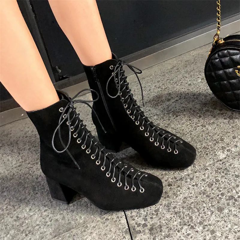 FEDONAS Euro Style New Arrival Fashion Women Ankle Boots Autumn Winter Cross-tied Square Toe Sexy Party Night Club Shoes Woman