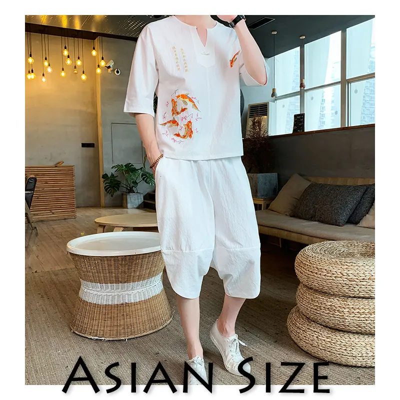 Sinicism Store, Мужской комплект, повседневный костюм, хлопковая льняная футболка, мужские шорты, Мужская футболка оверсайз, Мужская футболка, летний спортивный костюм с вышивкой - Цвет: TZ156 White