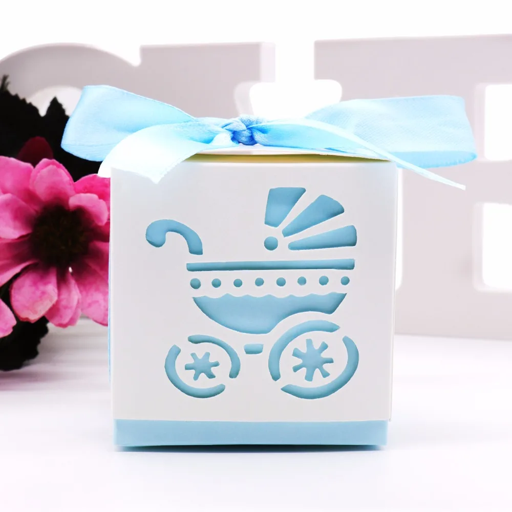 50 шт. лазерная резка Baby Shower Car Candy Подарочная коробка коробки с лентой для свадьбы