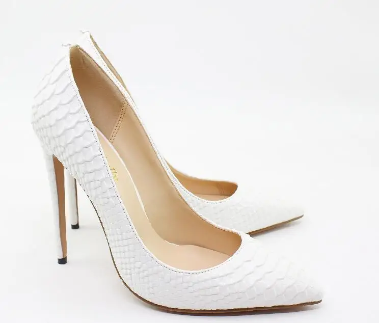 

2019 Hot Selling Pointed Toe Woman Shoe Purple Snakeskin Leather high Heels 12cm Thin Heels Pumps White Red Black 35-44