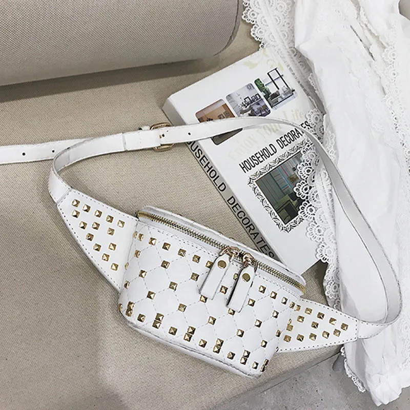 White Waist Bag Новая женская поясная сумка, модная поясная сумка с заклепками, диагональная посылка из искусственной кожи, нагрудные сумки, высококачественный пояс, Женская поясная сумка - Цвет: White Waist Bag