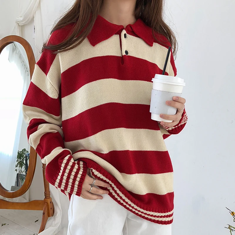 Свитер Женский вязаный в полоску с отложным воротником Корейском стиле
