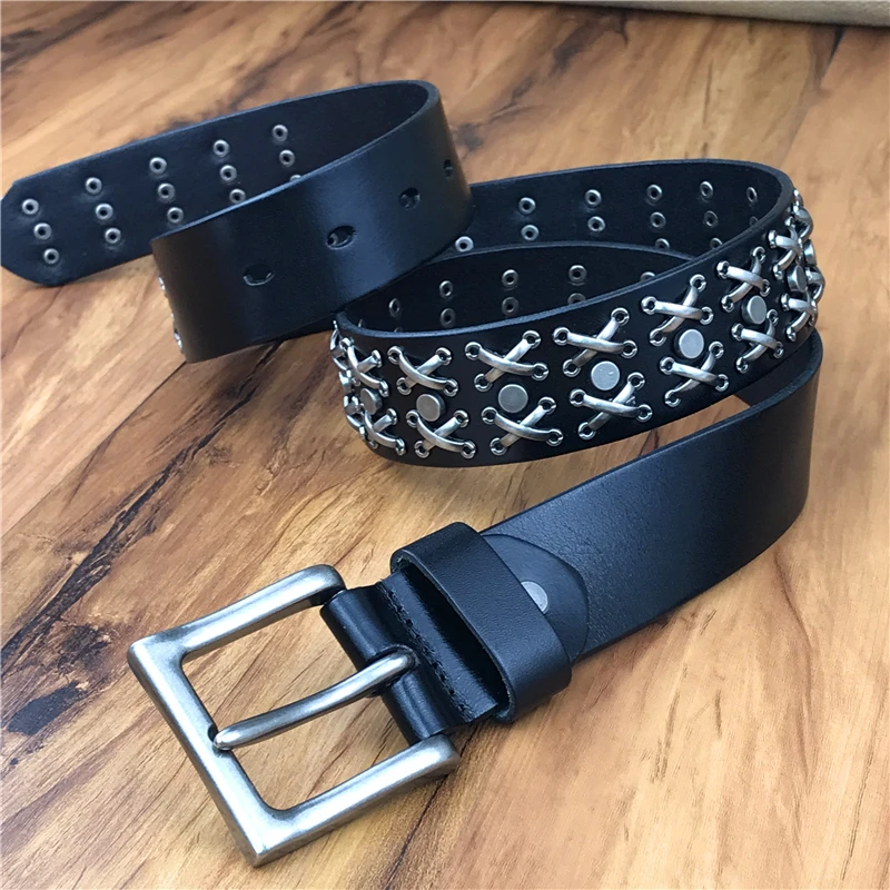 

Metal Chain Belt Cowboy Jeans Belts For Men Punk Leather Belt Men Genuine Leather Waist Belt Wide Cinturon Hombre Riem MBT0560