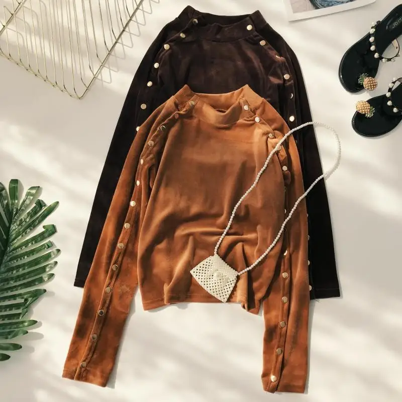 Шикарные бархатные приталенные рубашки с мини воротником пуговицами и длинными