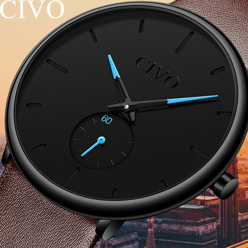 CIVO модные повседневные кварцевые мужские часы ультра тонкий кожаный ремешок для