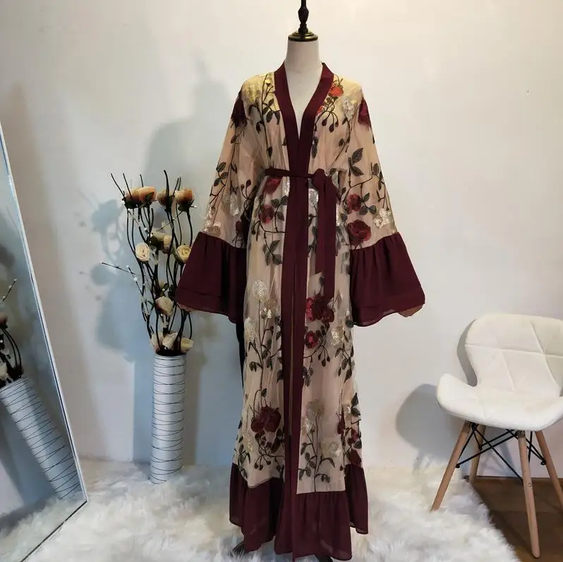 Wine red cardigan Рамадан кимоно абайя халат Femme Дубай кардиган мусульманское платье женские кафтаны кафтан Marocain Qatar Elbise турецкая исламская одежда - Цвет: Wine red cardigan