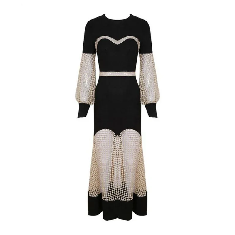 Heavy Work Hollow Out See Through Womens Sexy Mermaid Dresses Long Puff Sleeve High Waist Evening Gown Female Party | Женская одежда