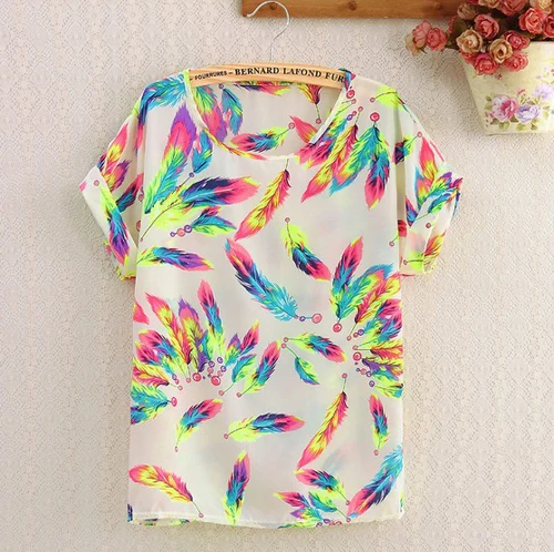 5pcs/lot 2014 Summer Hot Sale Sexy Women Colorful Birds Chiffon shirt Batwing Loose Blouse Casual Tops Free shipping |