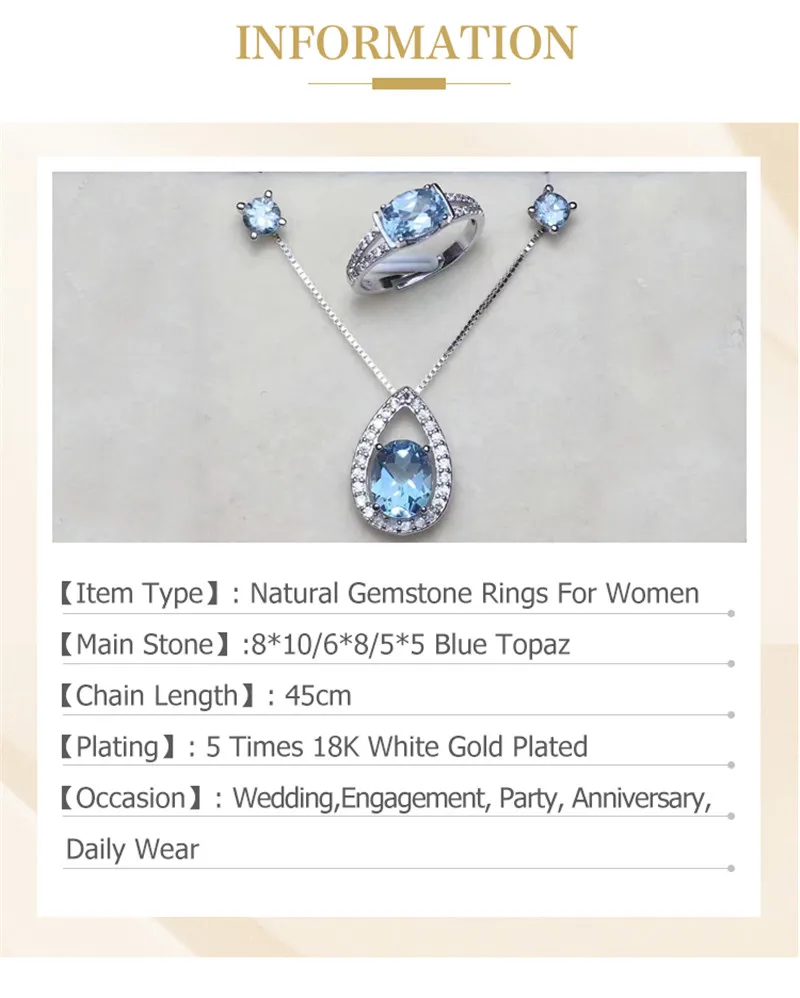 Природный камень Fine Jewelry наборы для Для женщин 925 Серебряное кольцо серьги колье подвески голубой топаз овал 3 шт. комплект CCS004-1