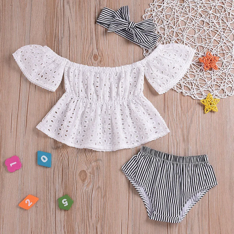 

3pcs Toddler Baby Girl clothes set Lace hollow out short sleeve Top +Stripe Shorts +headband 3Pcs Outfits set clothes