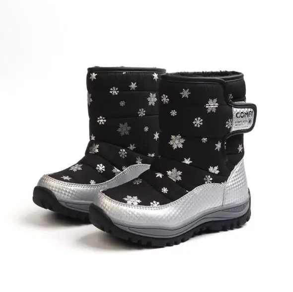 Черный Fashion 1pair Winter warm waterproof Snow Boots Leather children's Girl Boots+ inner 17-20.2cm, Kids ski boots - Цвет: Черный
