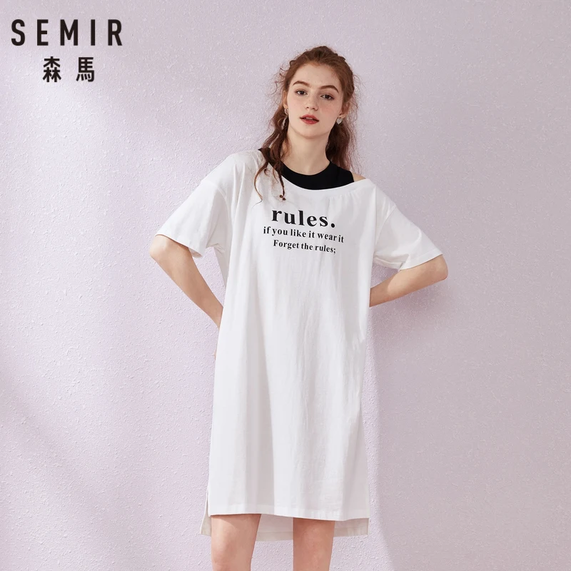 Женское свободное платье SEMIR белое черное из двух частей с круглым вырезом и