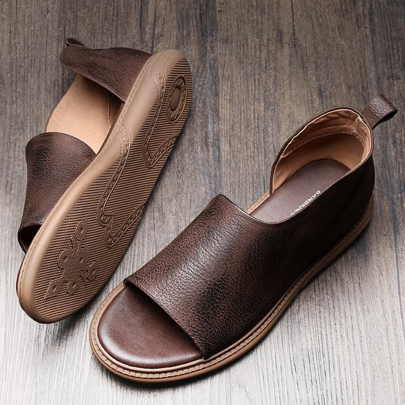 British fashion high-top sandals mens Genuine Leather men casual Roman cowhide Men Slippers Flip Flops beach outdoor | Обувь