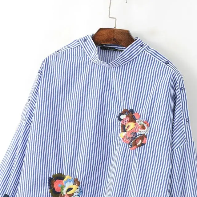 Синий Полосатый Цветок Вышивка Рубашка Женщины Нагрудные с длинным рукавом