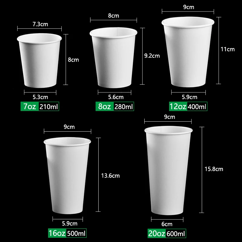 

White Disposable Coffee Cups Milk Tea Cup 100x 7oz 8oz 12oz 16oz 20oz 180 - 600ml Paper Cup PE Coating FDA SGS White