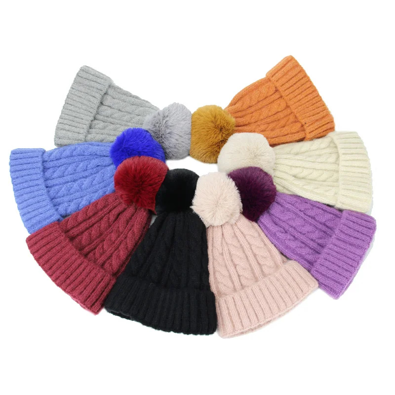 2018 модные шерстяные женские Меховые помпоны Модная вязаная шапка для девочек