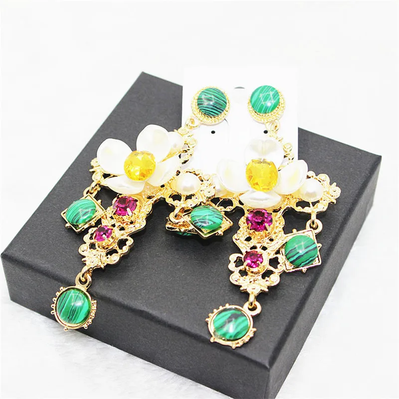 Big Statement Baroque Cross Earrings For Women 2017 New Green Rhinestone Flower Long Fashion Jewelry Christmas Gift | Украшения и
