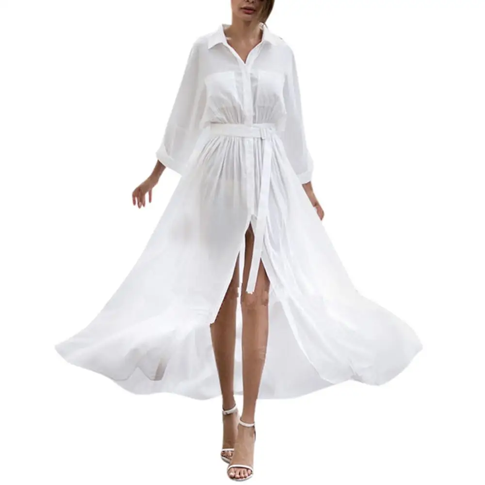 Женское белое платье летнее однотонное с длинным рукавом и разрезом