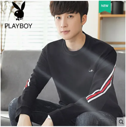 Playboy футболка с длинными рукавами Мужская Осенняя Корейская тонкая мужская футболка с круглым вырезом джемпер рубашка свитер куртка - Цвет: Черный