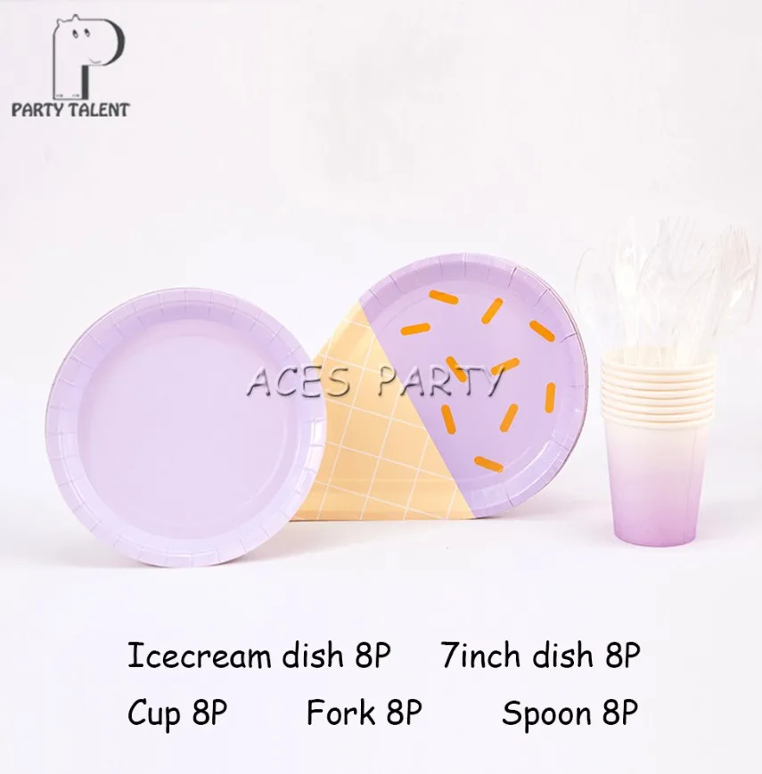 Lilac Purple Set 40 шт чистый цвет Icecream Macaroon десерт тема День Рождения для свадьбы или «нулевого дня рождения» Праздничный набор столовой посуды, тарелка+ стекло+ ложка+ вилка и т. д - Цвет: Lilac Purple Set