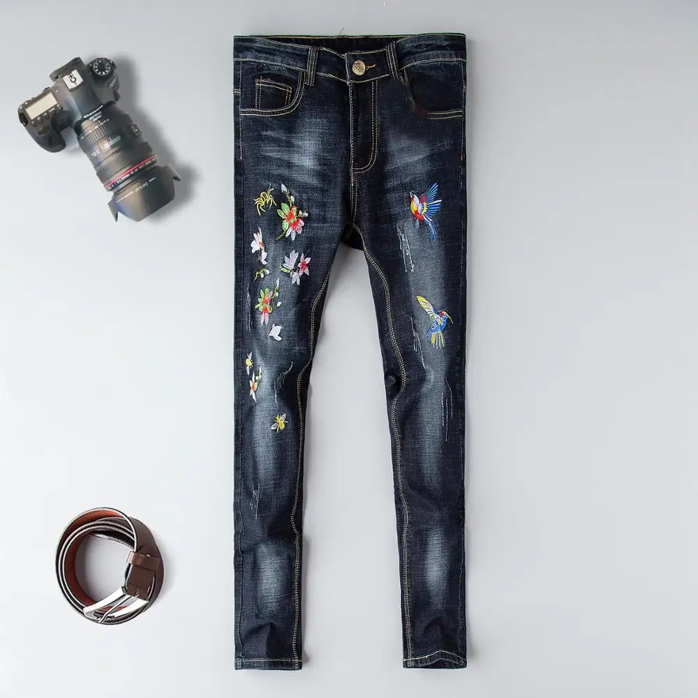 Мужские джинсы стрейч потертые в стиле хип хоп состаренный дизайн мужские