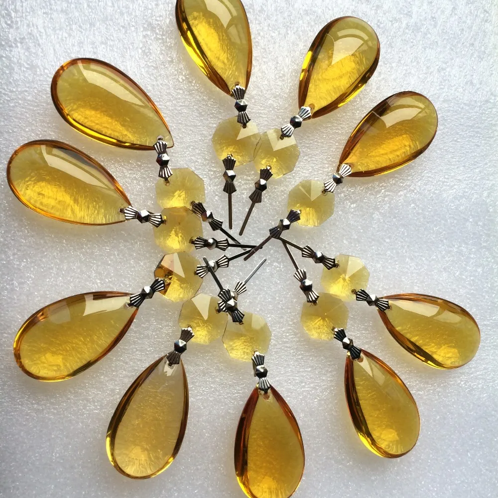 Фото Top Quality 10PCS/lot 72mm Sparkle Gold Glass Crystal Wate Drop Pendants for Chandelier Lamp Hanging Parts Even Party Decoration №1