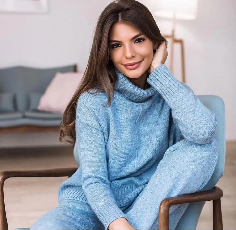 30% шерстяной и 45% кашемировый вязаный теплый костюм с узором свитер с высоким воротником+ кашемировые брюки из норки комплекты из двух предметов для отдыха wj1276