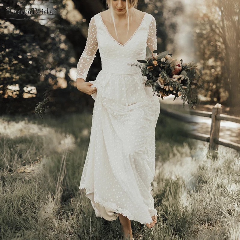 Игривые Boho подчеркивающие комфорт Свадебные платья с v-образным вырезом и длинным рукавом Vestido De noivas в горошек кружевные Элегантные Свадебные платья DW001