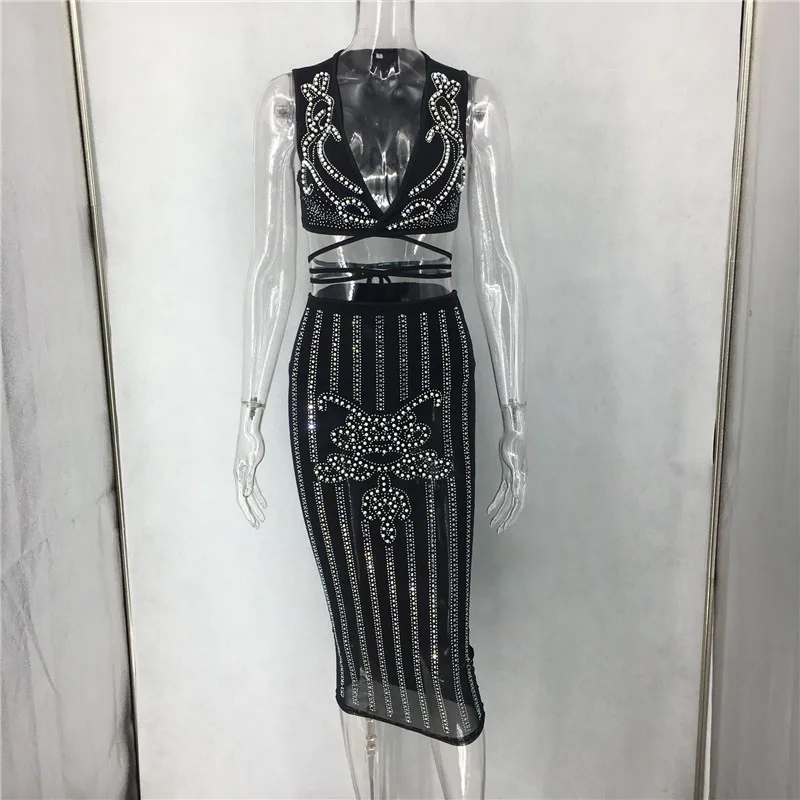 Женское Сетчатое платье из двух частей украшенное стразами и жемчугом клубный