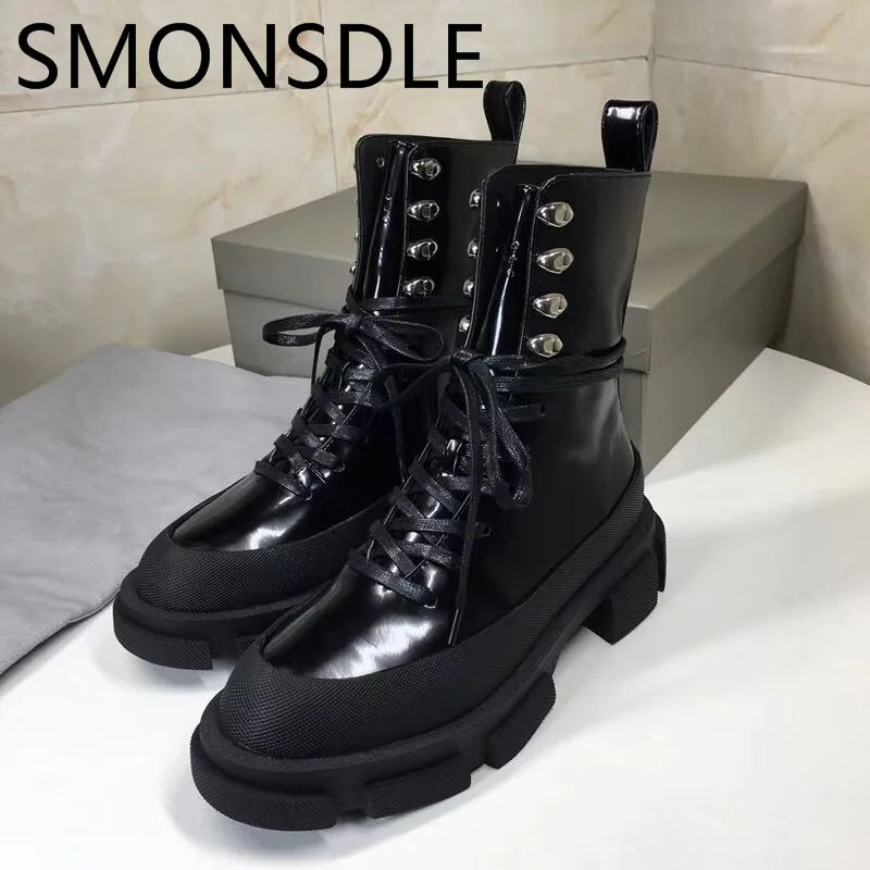 SMONSDLE/Новые черные женские ботильоны из натуральной кожи с круглым носком на