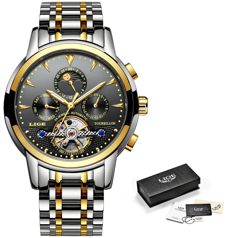 Мужские часы Новые LIGE Топ бренд Роскошные автоматические механические мужские