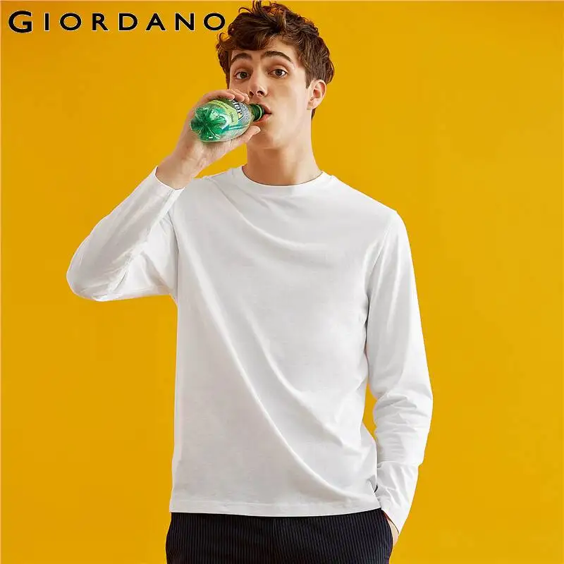 Giordano мужская футболка с круглым воротом и длинными рукавами из натурального хлопка, выполнена в множестве цветовых решений