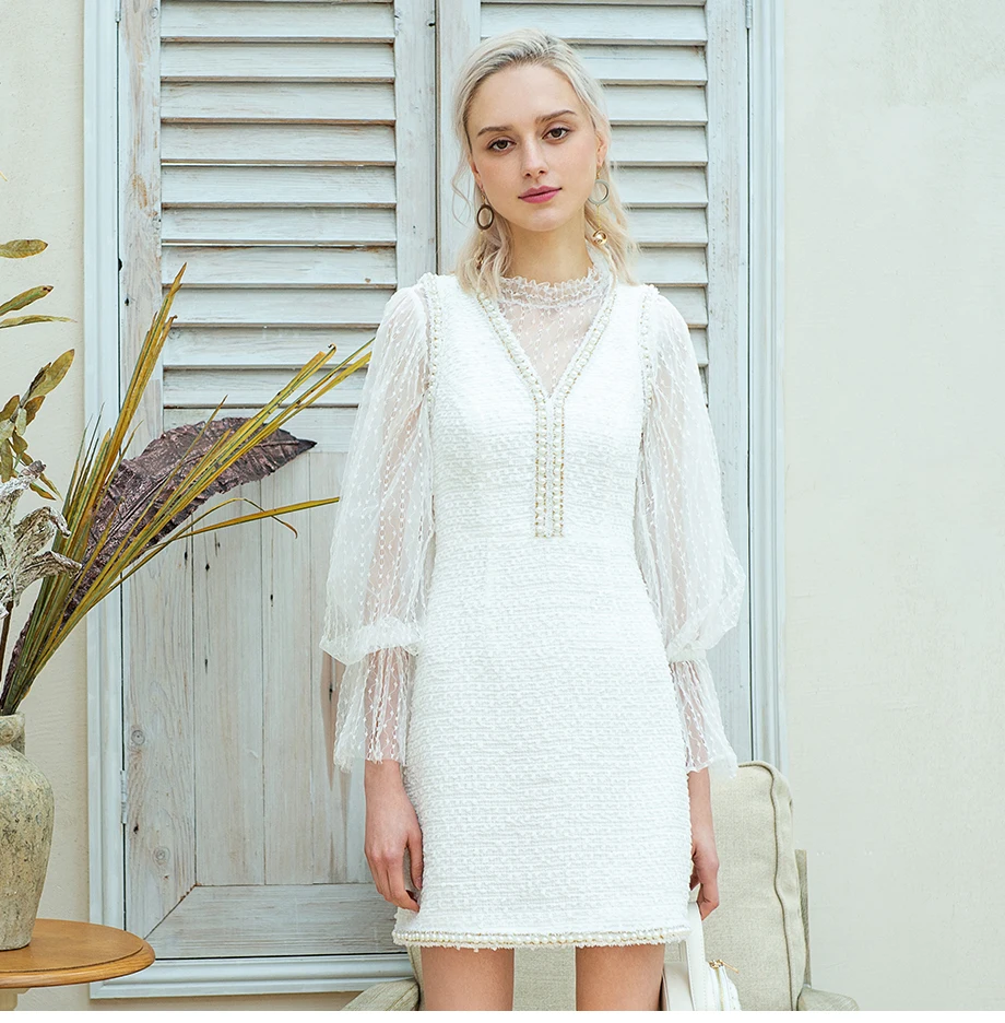 YIGELILA Early Spring Women Lace Dress Fashion Elegant Stand Neck Lantern Sleeve Package Hip Knee Length Dress 64389