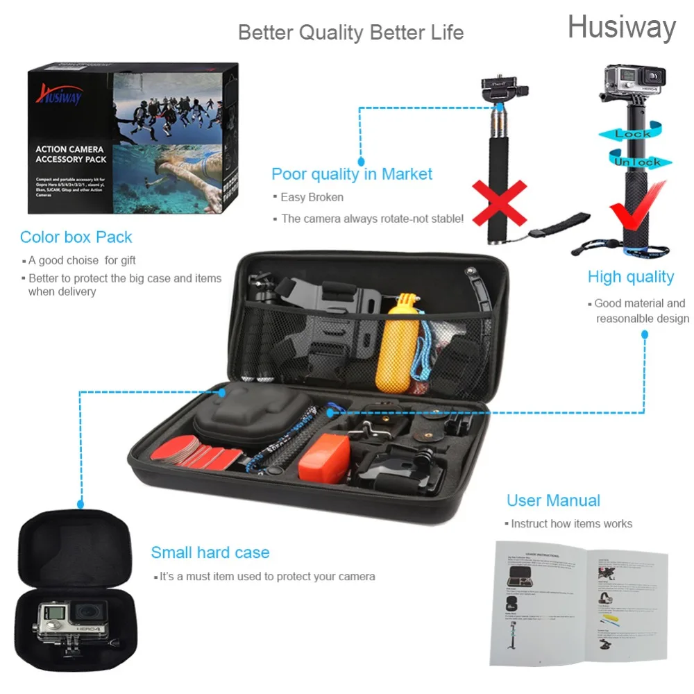 Аксессуары husiway kit для Gopro Hero 5 Session 6 Black Xiaomi Yi 4 K EVA чехол экшн-камеры 13P | Электроника
