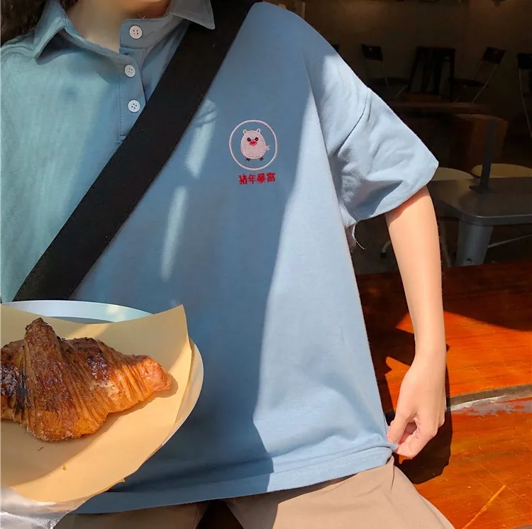 Для женщин PoloShirt Хлопок мультфильм милый свинья вышивка короткий рукав тенниски летние женские свободные Повседневное элегантный дизайн топы YT5027