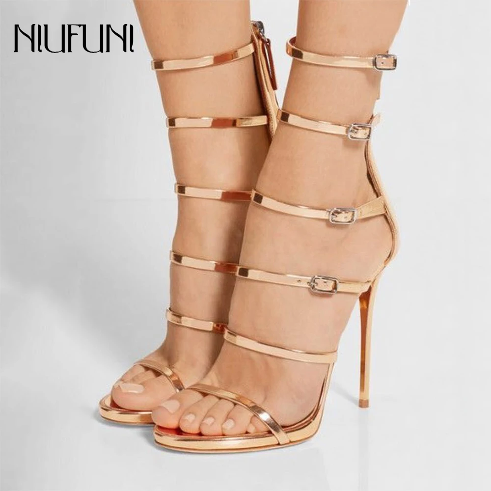 Модные женские босоножки с узкими лентами и пряжкой туфли на тонком высоком