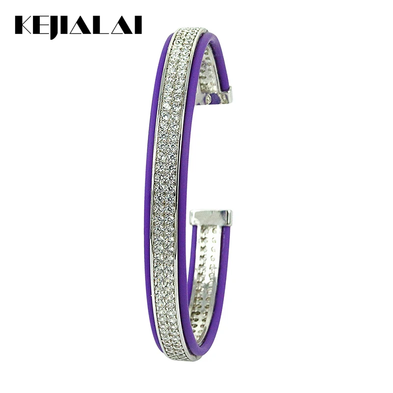 Hot Sale Genuine Leather Bracelets Men Bangle Purple Pave with Double Lines Clear Zircon Open Cuff for Women Punk Style | Украшения и