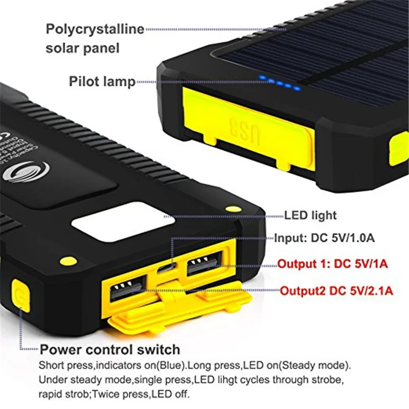 Power bank 20000 мАч powerbank внешняя батарея портативный резервный зарядки dual usb solar power для
