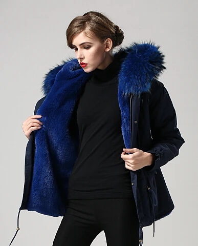 Темно синяя парка с подкладкой из искусственного меха и большим воротником енота