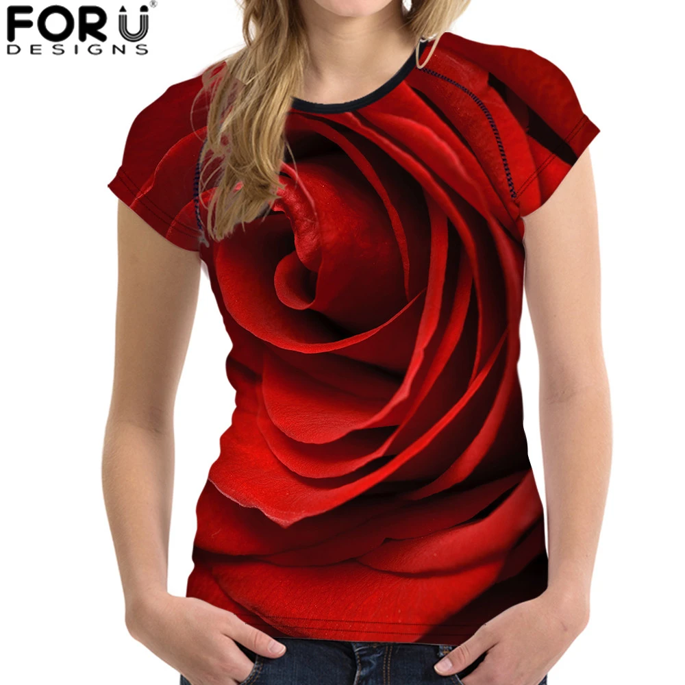

FORUDESIGNS Summer Clothing Short Sleeve T shirt Women Flowal Rose Clothes Tops Female Tee shirt Red Casual tshirt Femmes Vogue