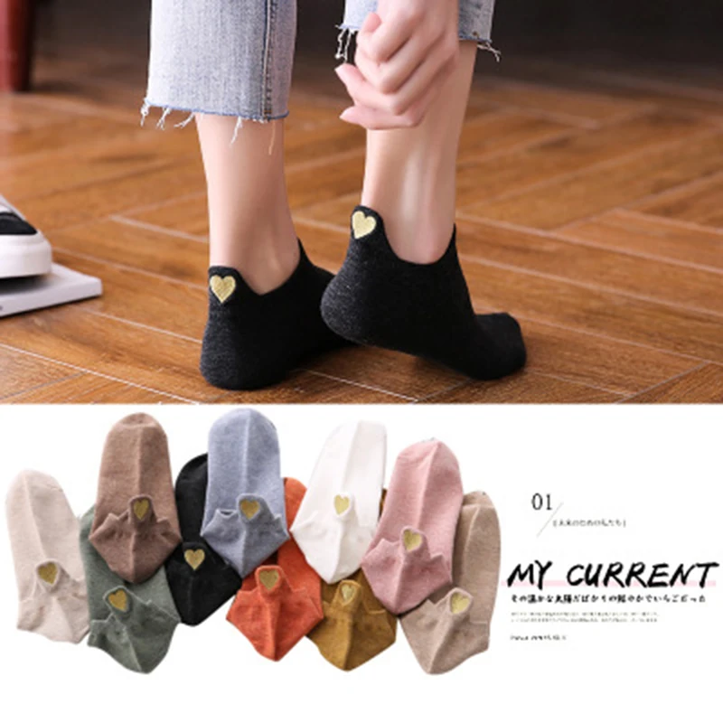 Fashion Summer Women Short Socks Solid Back Heel Love Embroidery Cotton Slipper Cute College Style Low For G | Женская одежда