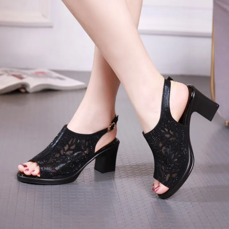 

2019 New Summer Sexy Mesh Rhinestone Fashion Sandals Thick with High-heeled Sandals Fish Mouth Open Shoes Woman Sandals Sandals