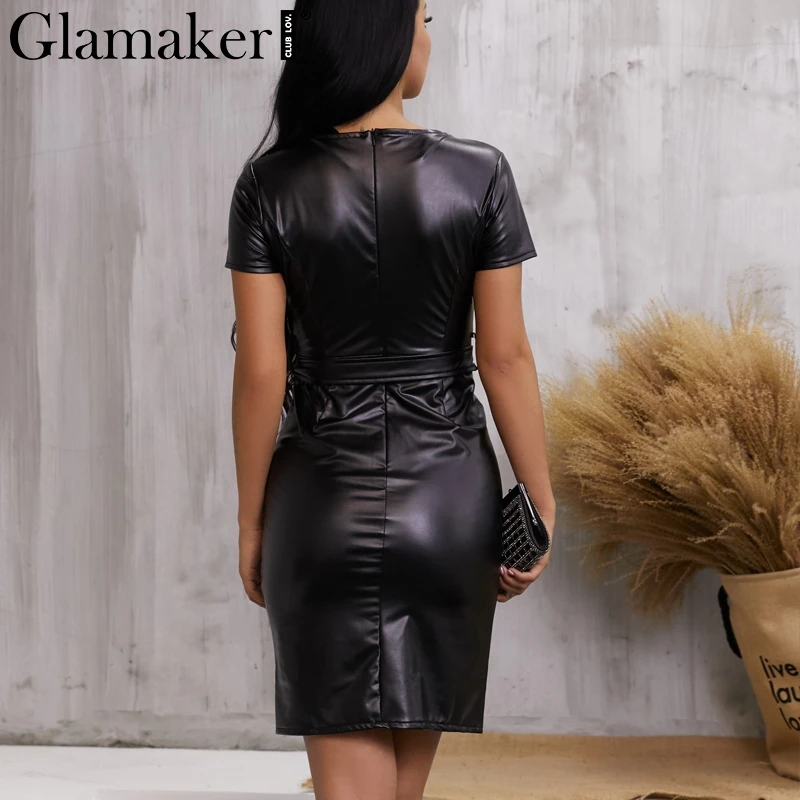 Женское вечернее платье миди Glamaker черное облегающее из искусственной кожи с v