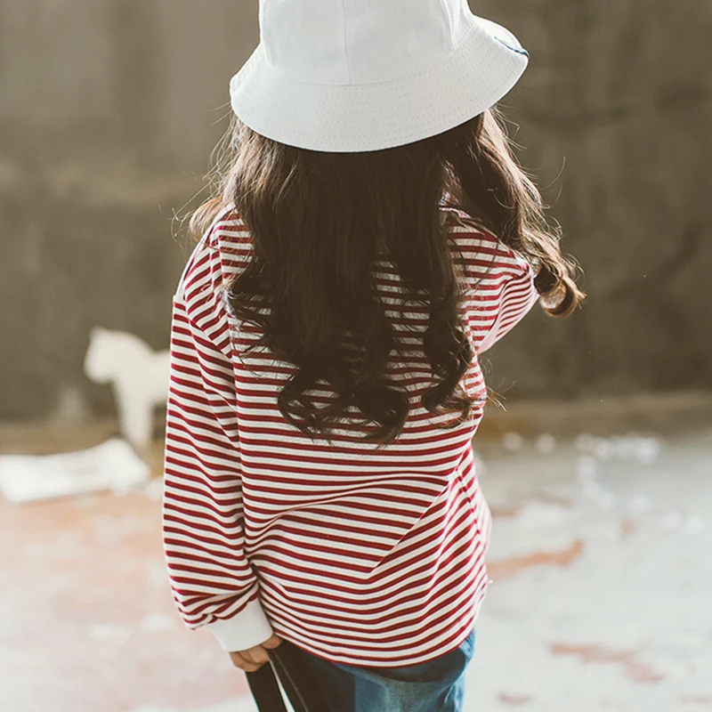 Zingirl New Fashion Brief Striped Girls T-Shirts Casual Loose Hole Patchwork Children's Clothing Soft Breathable O-Neck Tops Tee | Детская