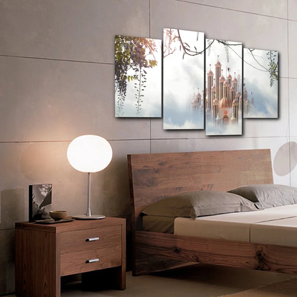 Laeacco Canvas Calligraphy Painting 4 Panel Castle Posters and Prints Wall Artwork Living Room Nordic Home Decoration | Дом и сад