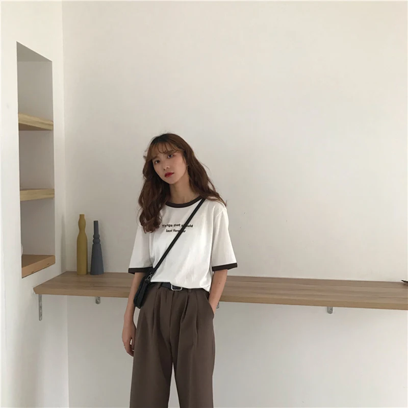 Летняя Корейская футболка с буквенным принтом Ulzzang, Женская Повседневная футболка с коротким рукавом, Женская свободная хлопковая Футболка с круглым вырезом, модные топы, футболка