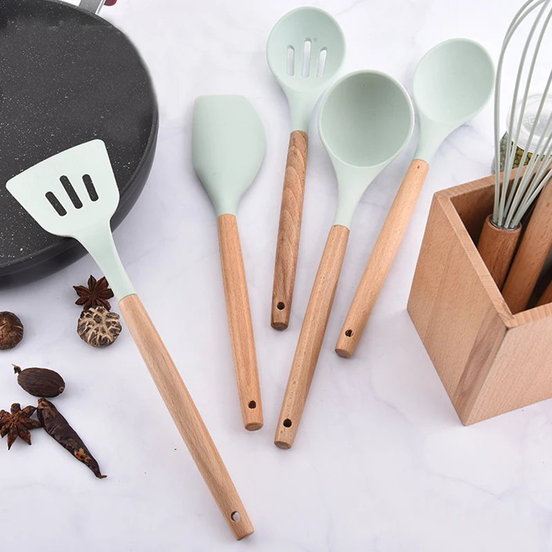 9 шт./компл. силиконовый набор кухонных гаджетов деревянная ручка антипригарная