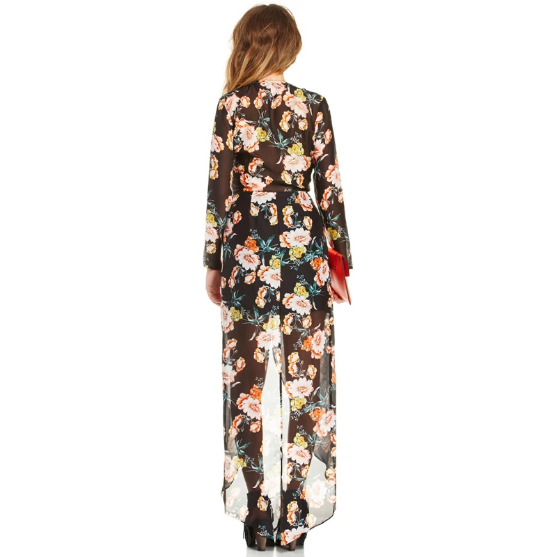 Асимметричный подол лето дамы шифон платья цветочный принт сексуальный глубокий