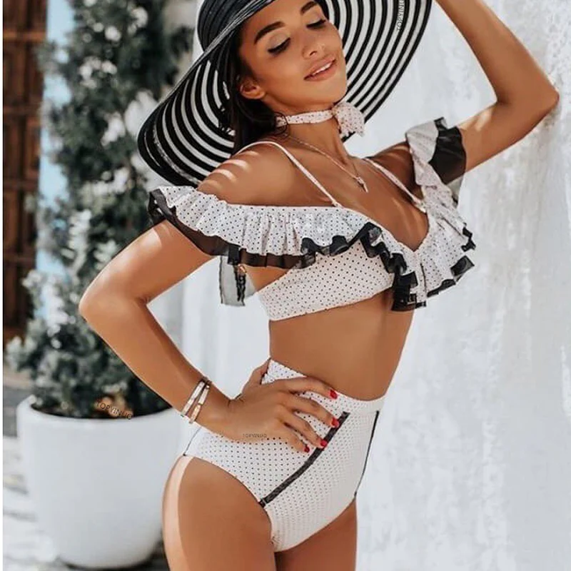 2019 сексуальный бандажный комплект бикини с пуш ап купальник в горошек оборками