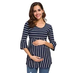 1pcs as pic Комплект из 3 предметов, коллекция 3/4 года, блузка-туника в полоску с круглым вырезом и оборками для беременных свободное платье мягкая рубашка для беременных футболка для мамы с рюшами сбоку - Цвет: 1pcs as pic